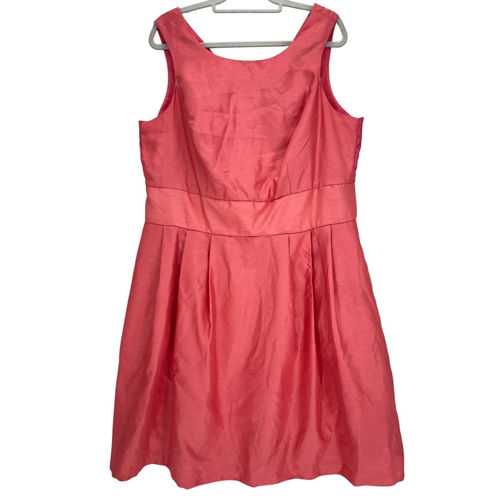 Jessica Howard Coral Pink Faux Silk Fit & Flare Dress 14W Pockets V-Back
